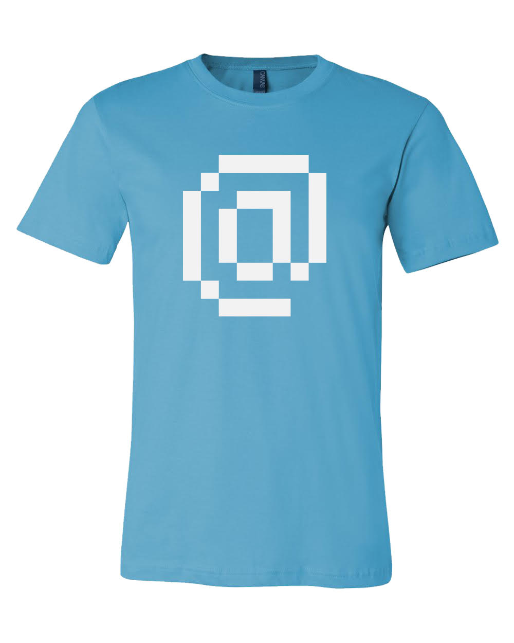 A mockup of a unisex short-sleeve shirt with a white @ symbol.