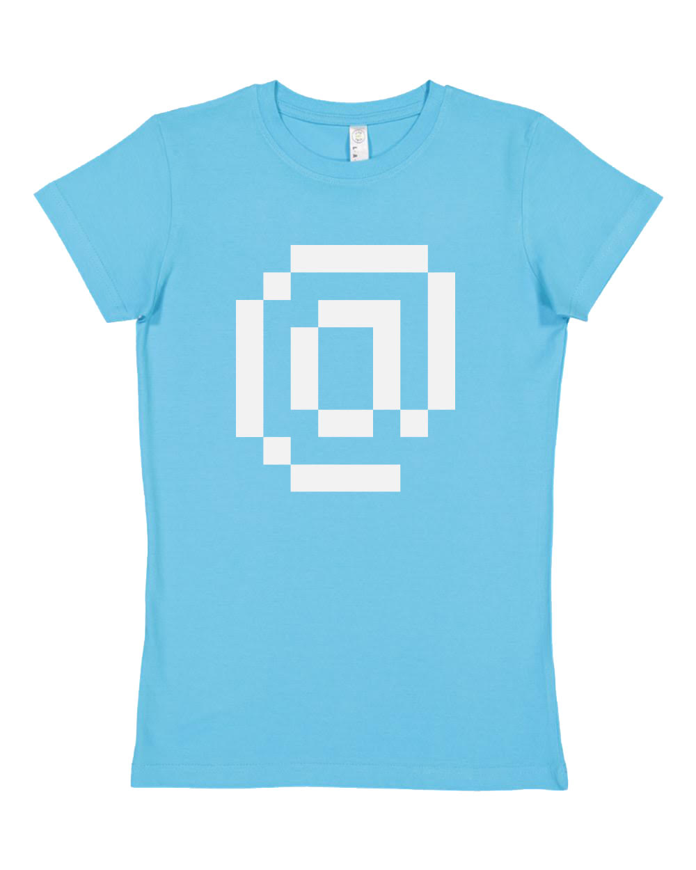 A mockup of a women's cut short-sleeve shirt with a white @ symbol.