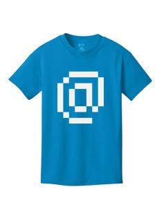 A mockup of a child's size short-sleeve shirt with a white @ symbol.