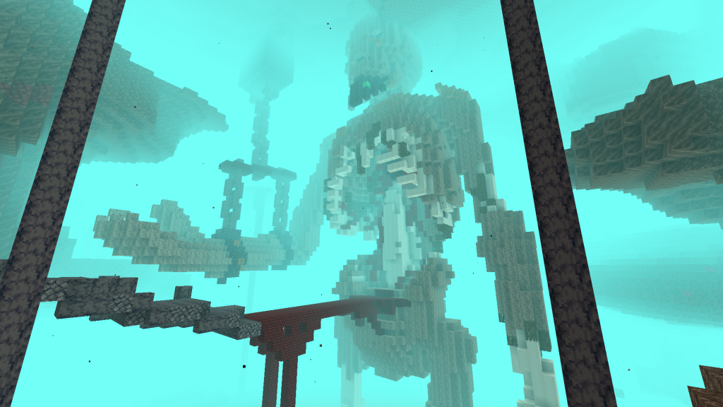 A screenshot of Minecraft depicting a giant partially skeletal figure with a bridge leading into its chest cavity. One of of its arms is chained to the roof.