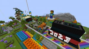 A screenshot of the game Minecraft showing a 2023 New Year's Parade occurring on a rainbow road. A Lego minifig of JoeHills presides with a trident.