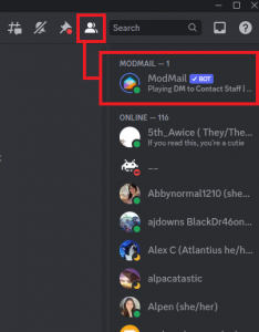 a discord screen shot that has the ModMail bot circled in red.
