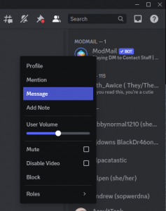 a discord screen shot that has the option to message the ModMail bot highlighted