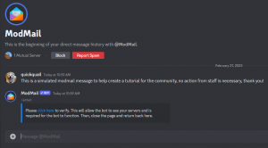 a discord screen shot that has direct messaging with the ModMail bot open, with the message not going through