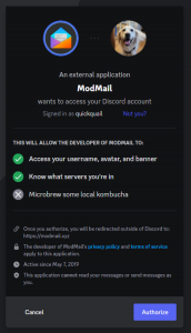 a browser screen shot that shows the option to authorize the ModMail bot