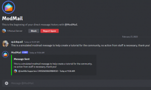 a discord screen shot that has direct messaging with the ModMail bot open, with the message going through