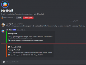 a discord screen shot that has direct messaging with the ModMail bot open, with a response from staff