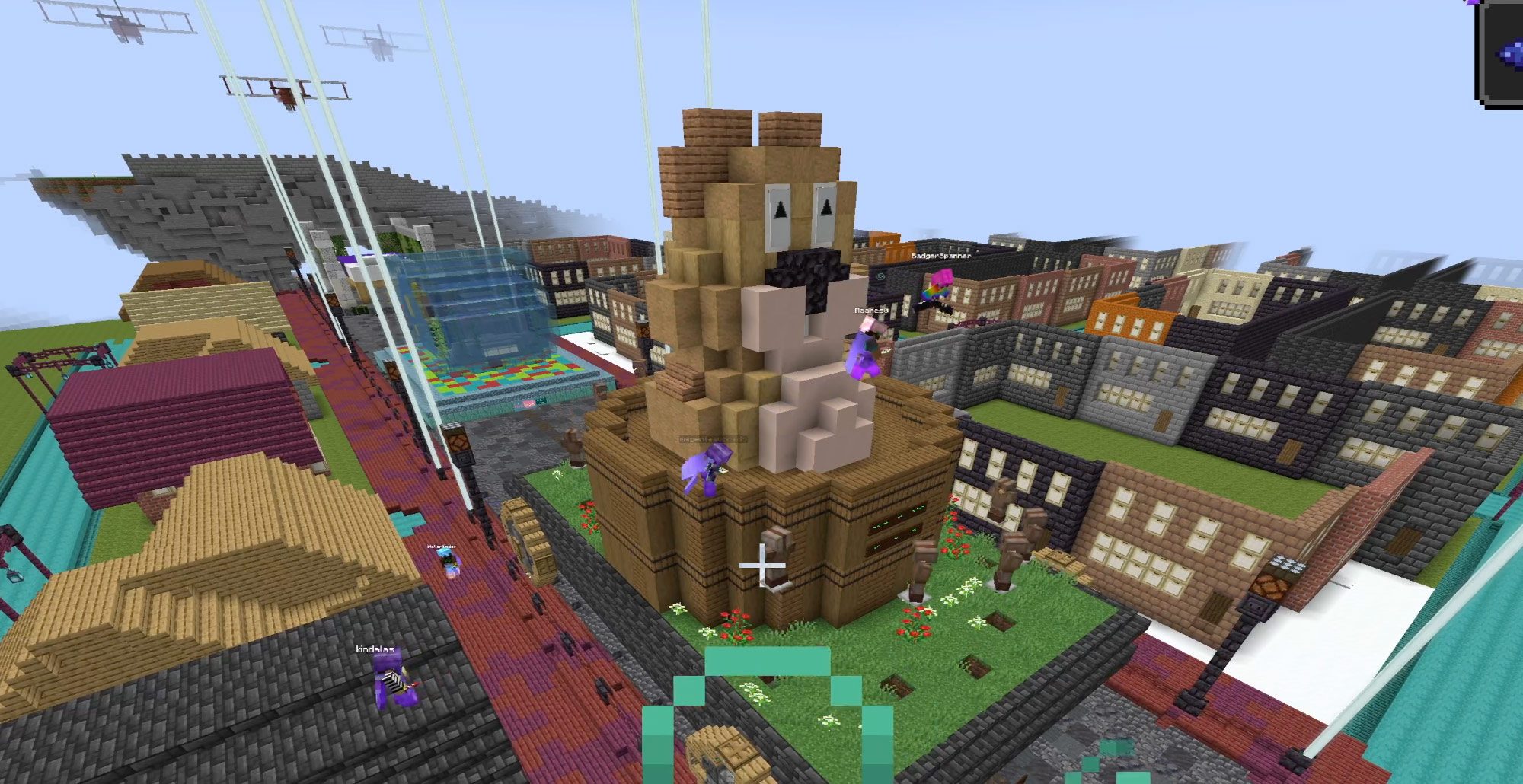 A screenshot of a Groundhog Day Parade in Minecraft depicting a groundhog emerging from a stump.