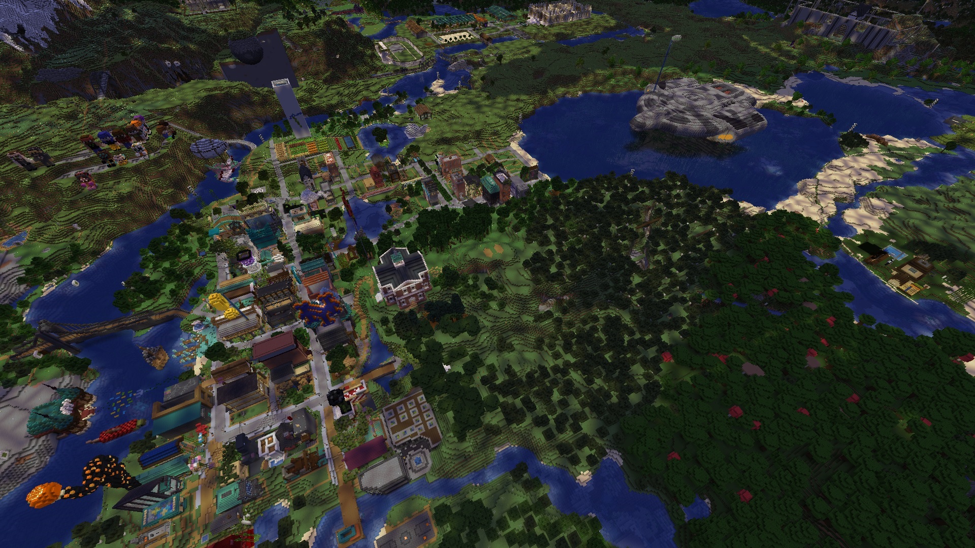 A minecraft screenshot of the Deep Slate Nine server at night. It is an overhead shot of the spawn town, Spilly, with a spaceship from star trek named The Defiant in the background.