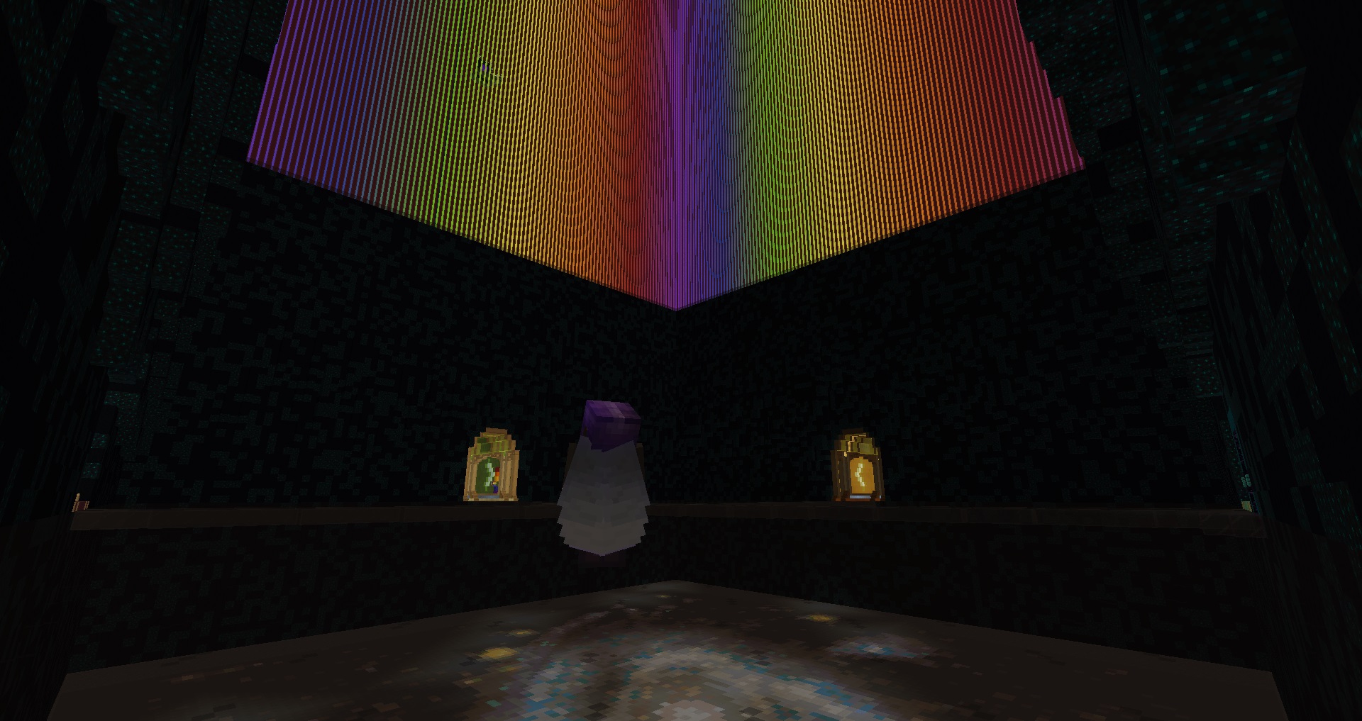 A screenshot of Minecraft, a ground level view of the nether hub with 408 beacons creating a rainbow effect. Kindalas stands with his back to the camera.