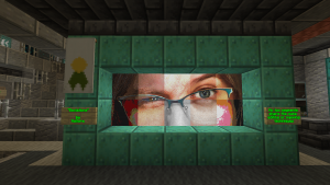 A Minecraft screenshot of map art. It is a cropped close up of a face. It is sectioned into 10 pieces, each piece has a different style to it.