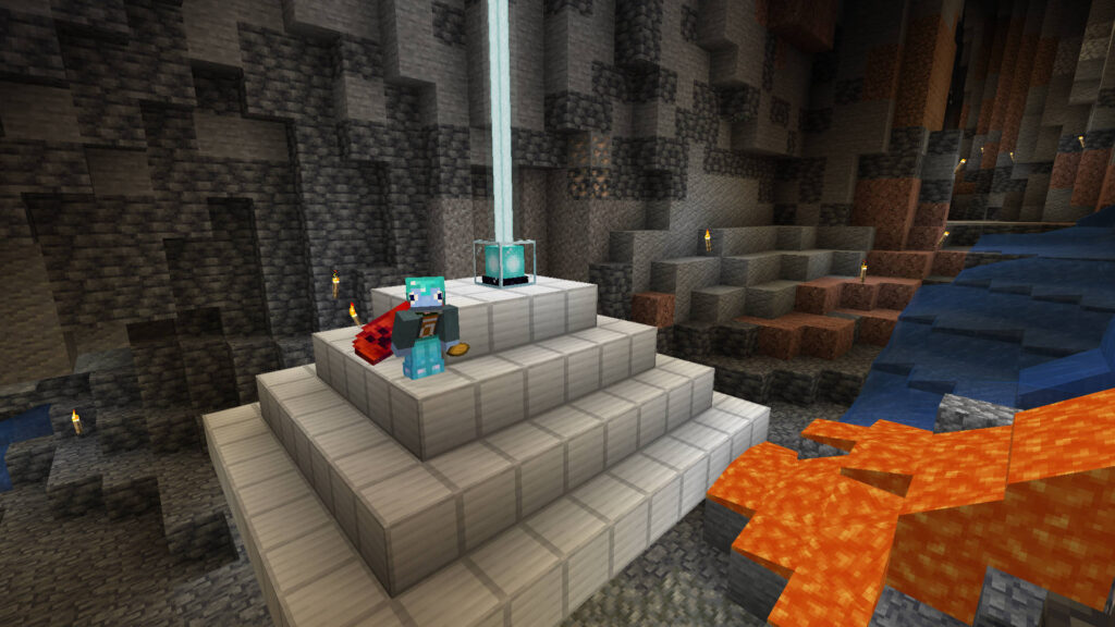 A screenshot of Joe Hills in Minecraft standing on a double-wide iron beacon in a tunnel with lava.