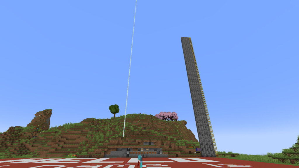 A screenshot of Minecraft showing six columns of coal ore extending from the southwest corner of the roof of the HermitCraft 10 nametag shop.