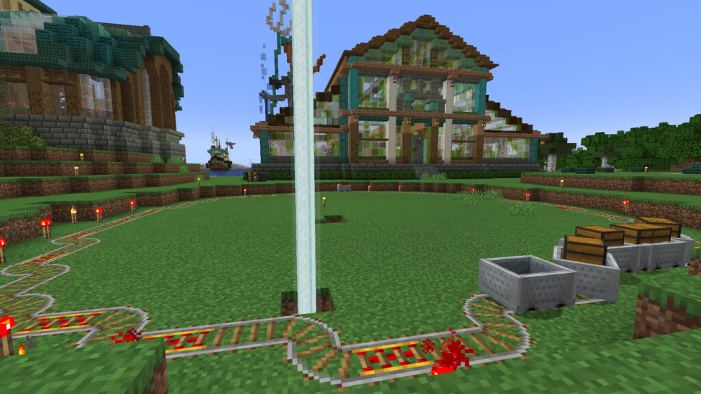 A screenshot of Minecraft showing Joe Hills in front of Iumpluse HermitCraft 10 grass shop, with a circular train track with several chest Minecraft's.