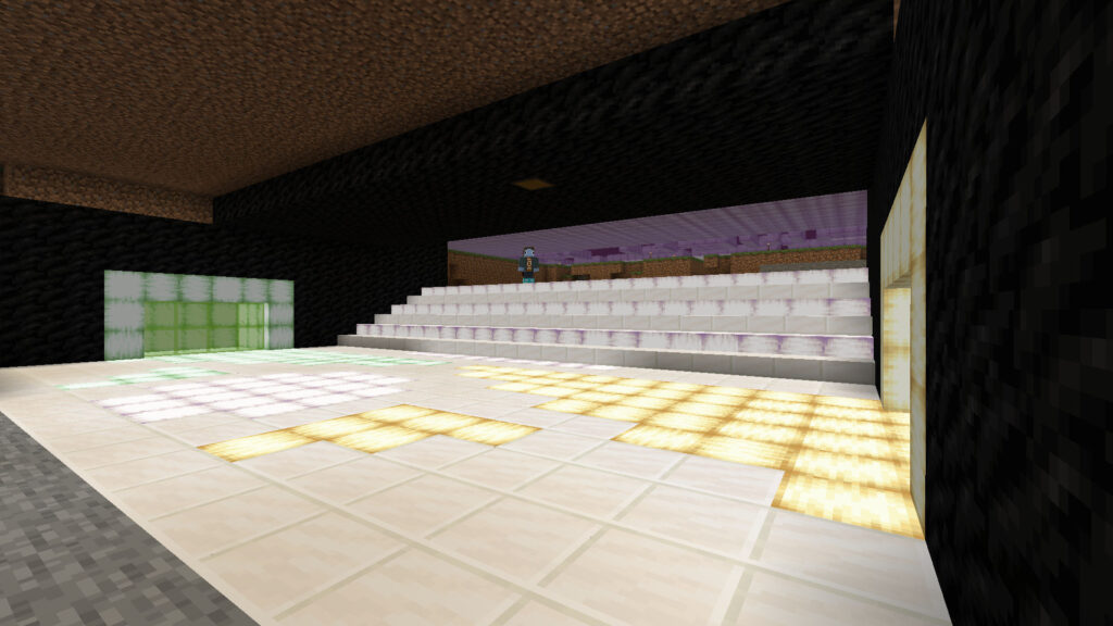 A screenshot of Minecraft showing Joe Hills inside the Lobby of the HermitCraft 10 name tag shop surveying the installation of quartz and coal blocks.