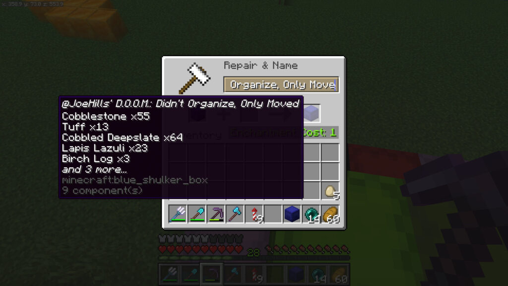 A screenshot of Minecraft showing a blue skulker in an anvil renamed to: "@JoeHills D.O.O.M box: Didn't Organize, Only Moved."