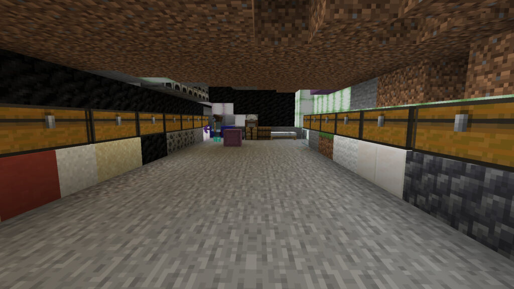 A screenshot of Minecraft showing Joe Hills in a hastily dug out storage room. Double chests rest in two lines atop blocks indicating their contents.