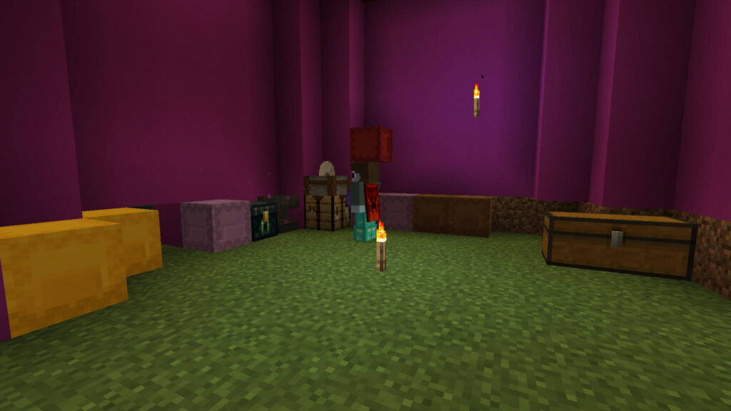 A screenshot of Minecraft showing Joe Hills working a stonecutter inside the HermitCraft 10 shopping district portal hollow