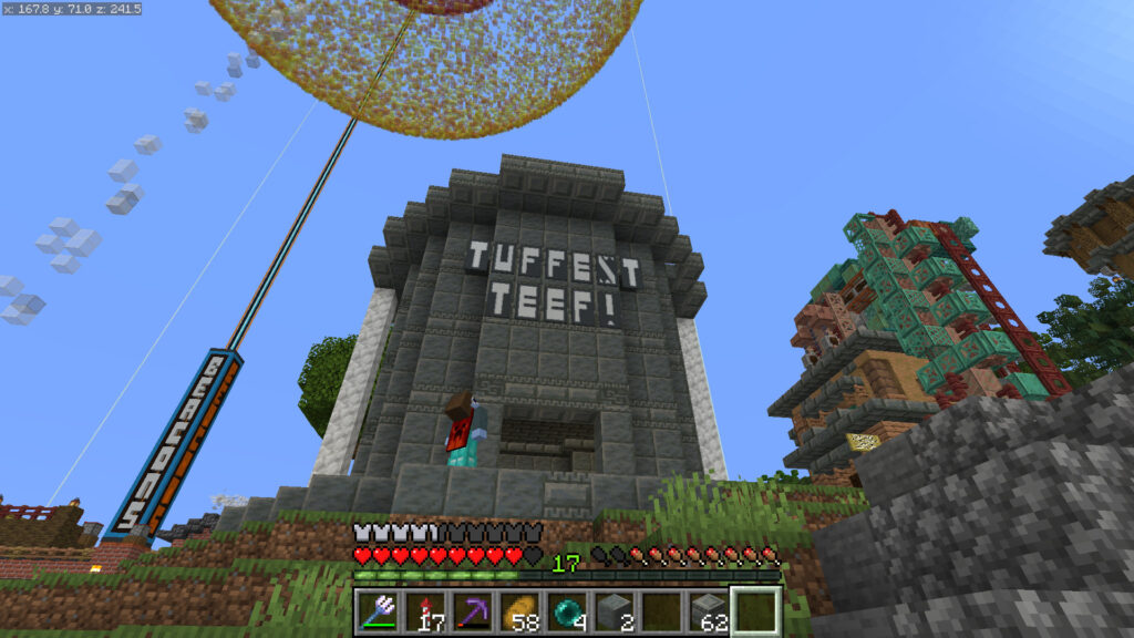 A screenshot of Minecraft showing the name of the shop with the letter S in teethy letterform