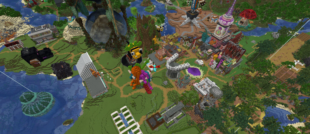 A screenshot ofMinecraft showing Tuffest Teef from the air.