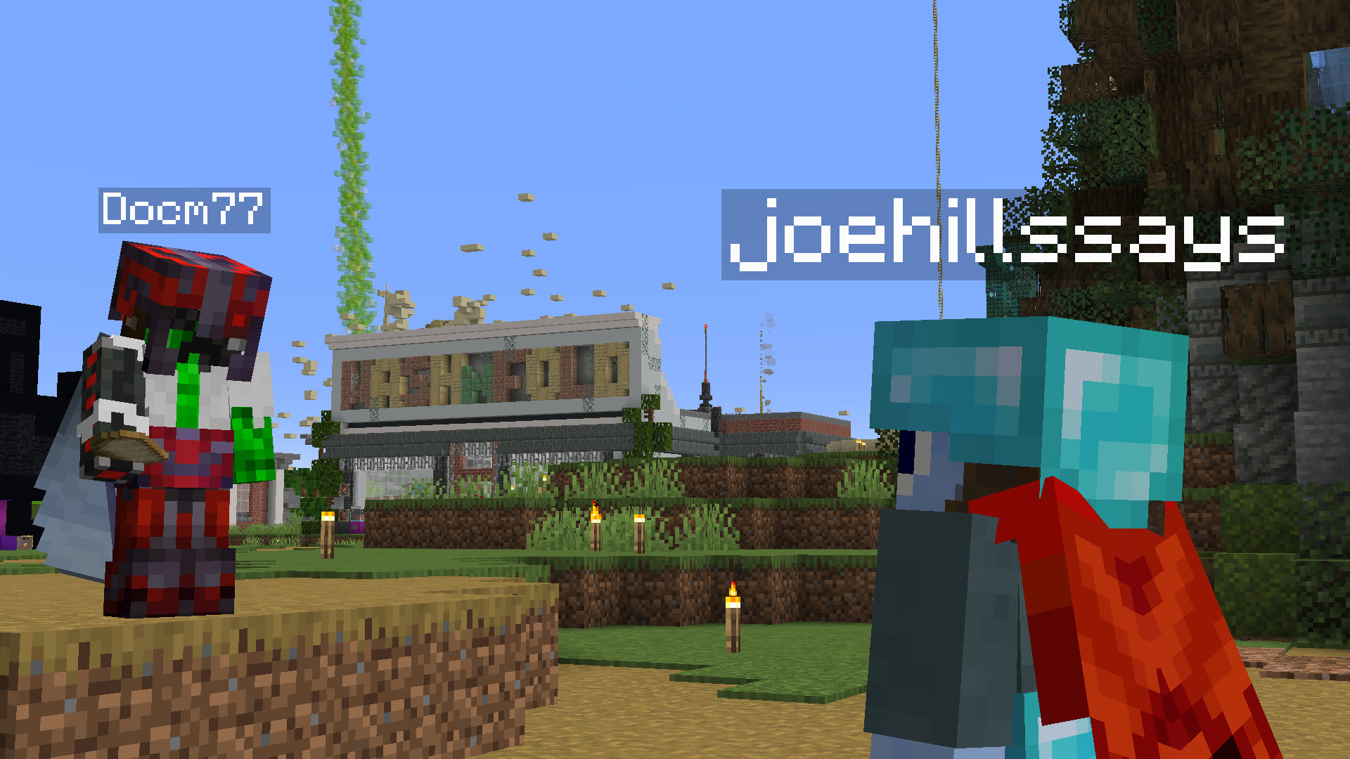 A screenshot of Minecraft showing Docm77 and JoeHills discussing business in front of Docm77's Wash and Fold laundry