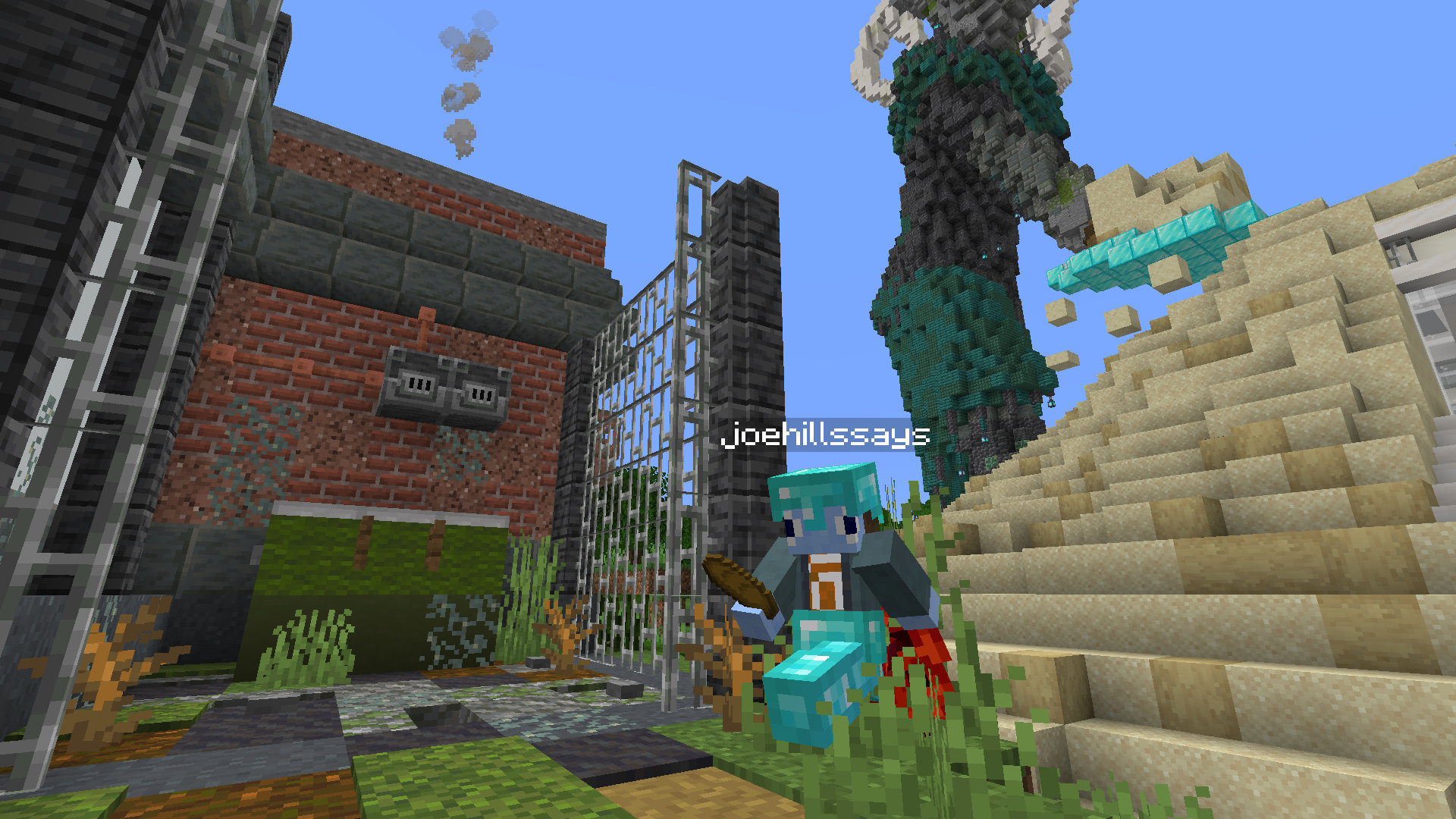 A screenshot of Minecraft showing Joe Hills in front of Docm77's empty Wash and Fold laundromat loading dock.