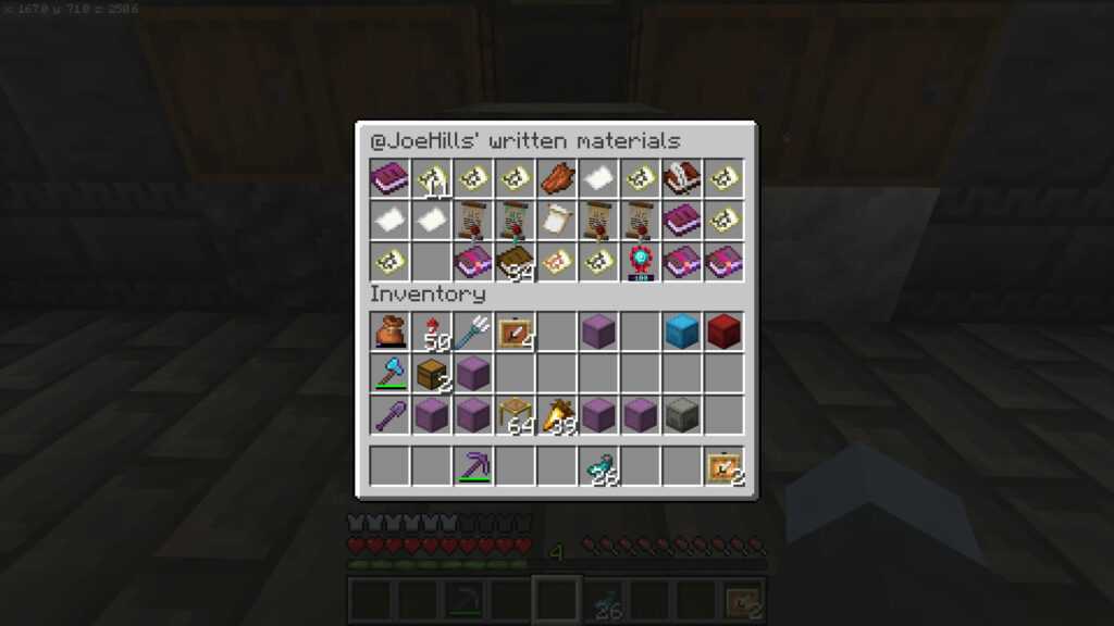 A screenshot of Minecraft showing a skulker box called Joe Hills' written materials containing four permits, many maps, and the shop ledger.