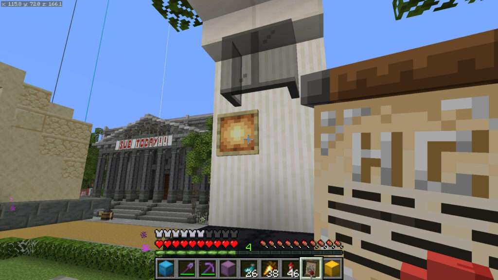 A screenshot of Minecraft showing the empty item frame at the black glass shop. Joe Hills holds the black glass permit.