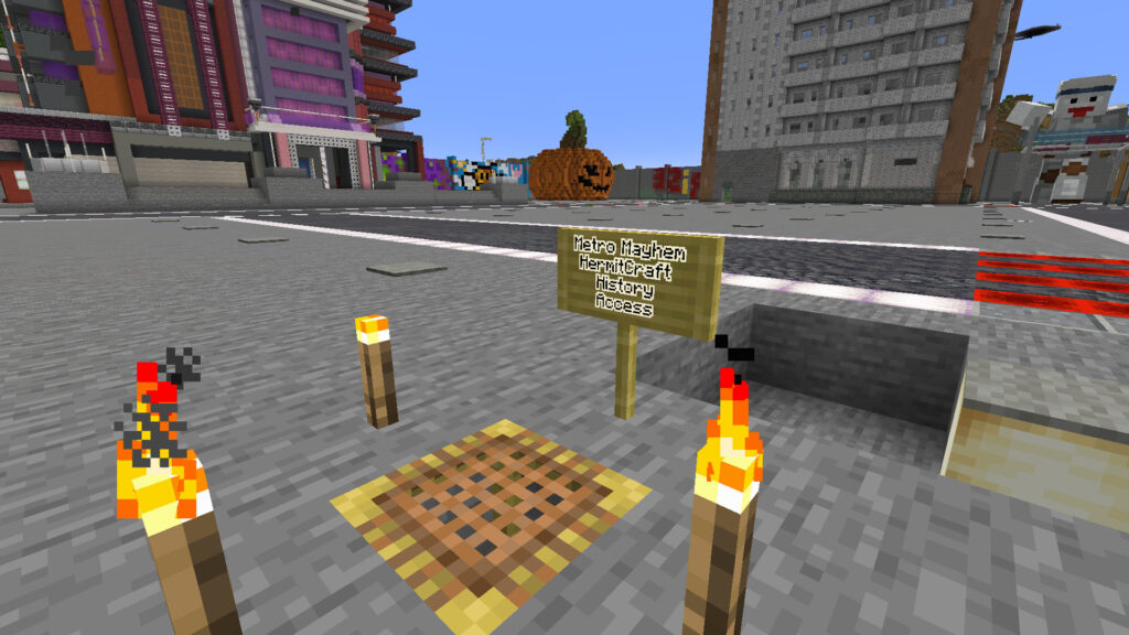 A screenshot of Minecraft showing a sign and torches marking the entrance to Hermit History in ImpulseSV's cyberpunk city. A pumpkin rests in the background.