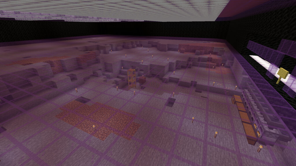 A screenshot of Minecraft showing excavation below the observation deck's floor. A furnace array is visible under the stairs.