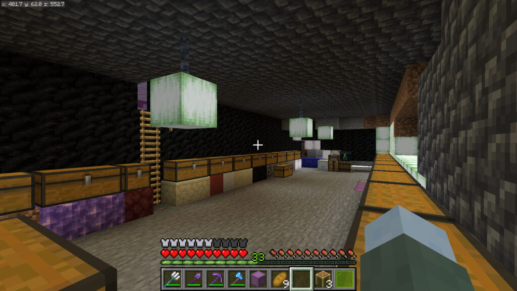 A screenshot of Minecraft showing Joe Hills' storage and work room for the laser tag arena project.