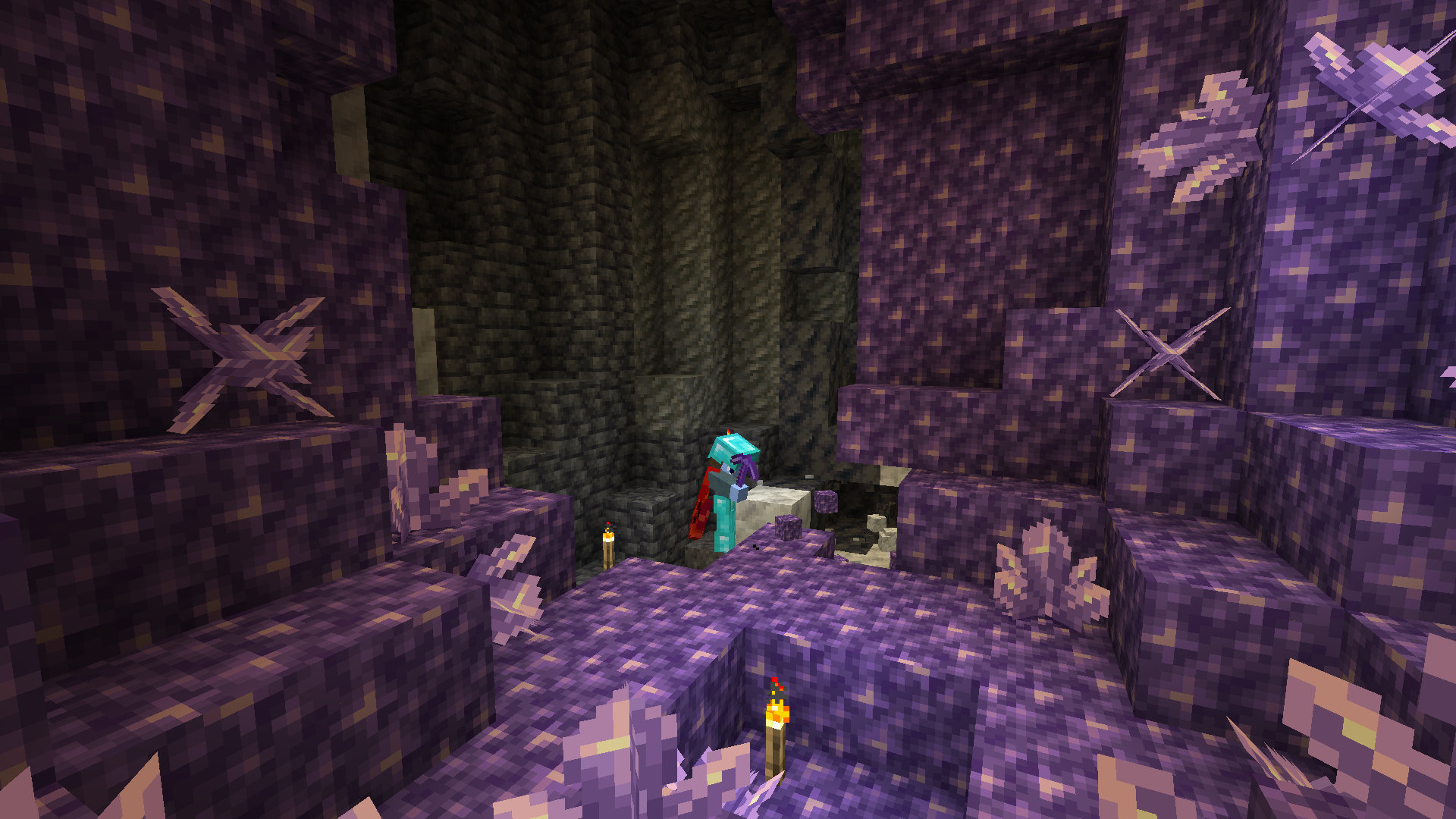 A screenshot of Minecraft showing Joe Hills mining calcite