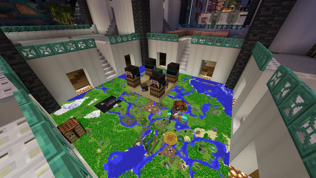 A screenshot of Minecraft showing a shop at the HermitCraft 10 spawn that sells xB heads. Below the shop, GoodTimesWithScar walks across a map of the world.