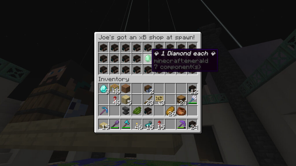 A screenshot of Minecraft showing a shop at the HermitCraft 10 spawn that sells xB heads. The price is listed at 1 diamond per head.