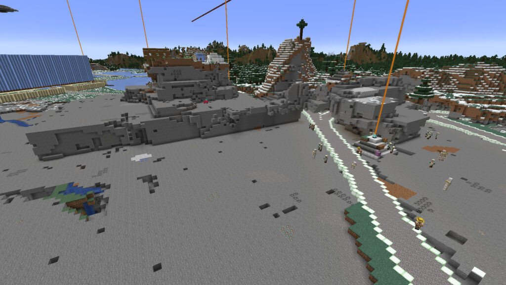 A screenshot of Minecraft showing the ending point for the terraforming for the stream. Two structures are gone and quite a bit of mountain.