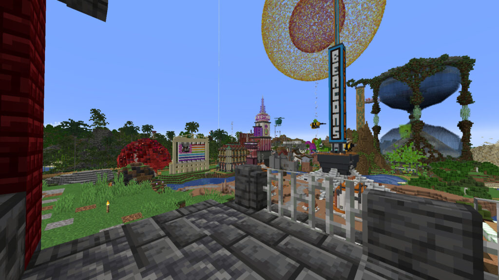 A screenshot of Minecraft showing the Wool Street facade as viewed from Tango's redstone shop porch.