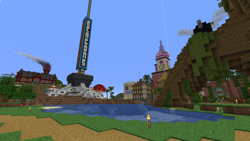 A screenshot of Minecraft showing the Wool Street facade as viewed from False's unused plot next to Joel's slime shop.