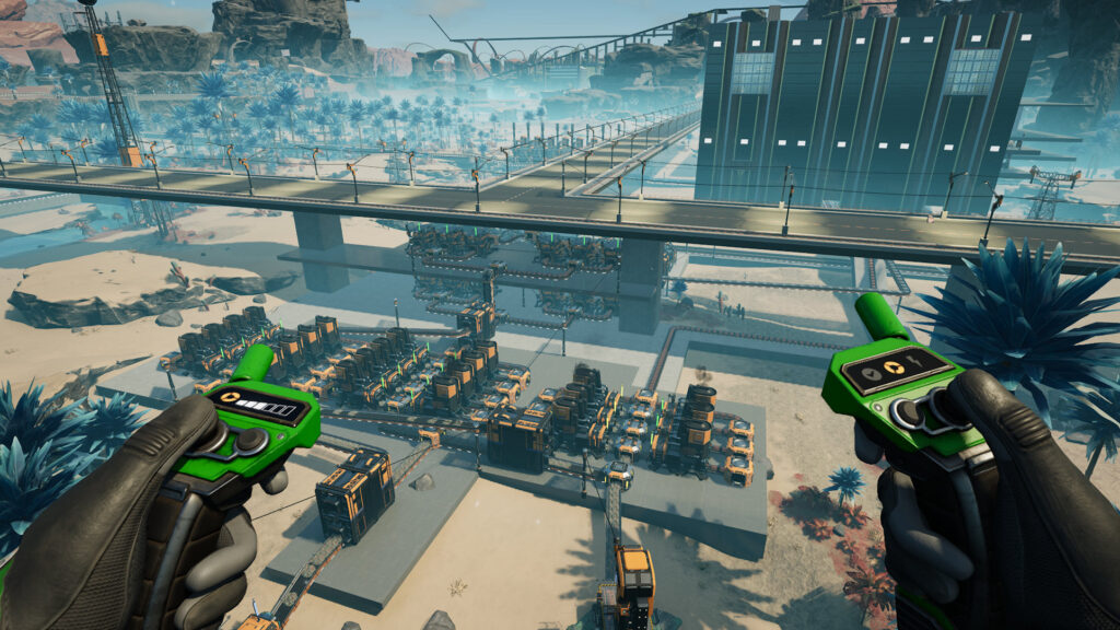 A screenshot of Satisfactory showing the aluminum factory with its new facade.