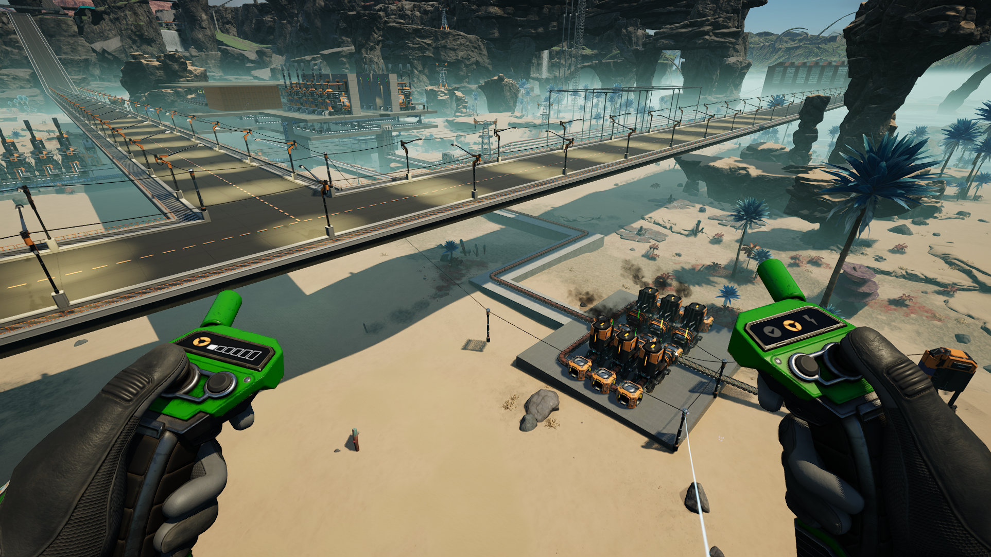 A screenshot of Satisfactory showing a few concrete floors with aluminum processing machines in the desert. In the foreground is an array of eight furnaces smelting ingots.