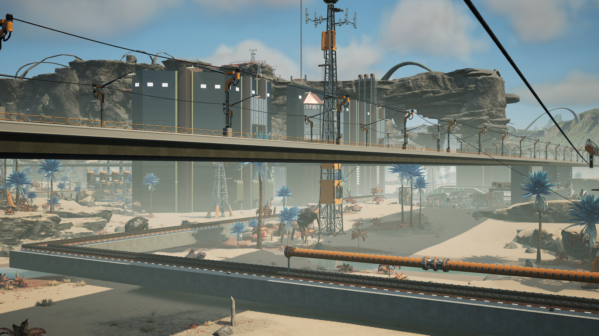 A screenshot of Satisfactory showing a nitrogen pipe extending toward the aluminum factory.