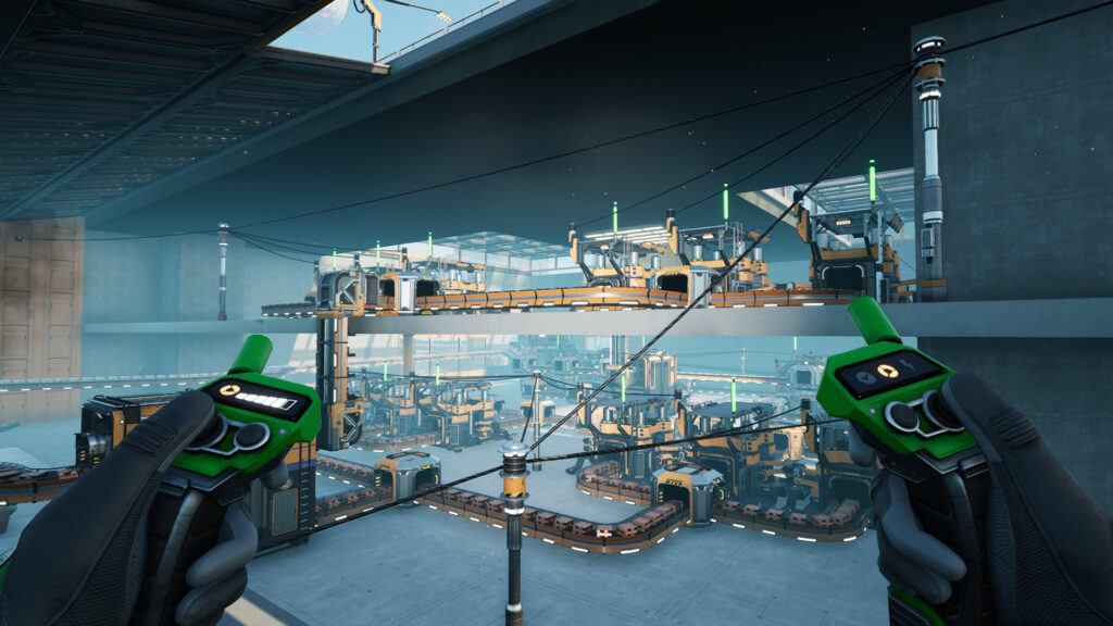 A screenshot of satisfactory showing a messy electrical setup.