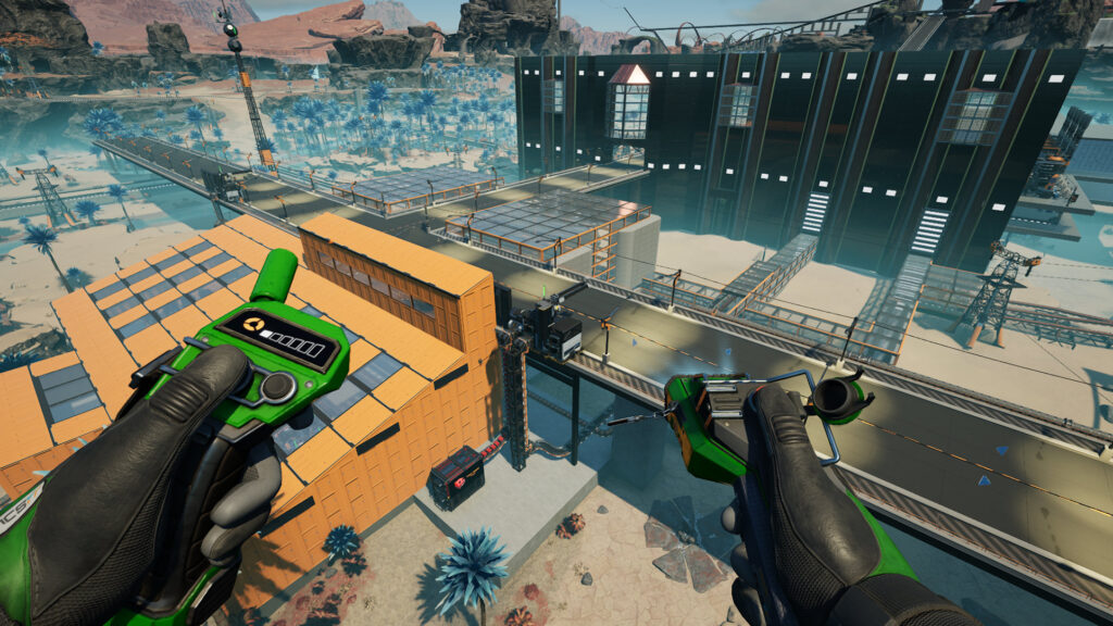 A screenshot from Satisfactory showing that Xisuma added walls and a roof to the Aluminum processing complex