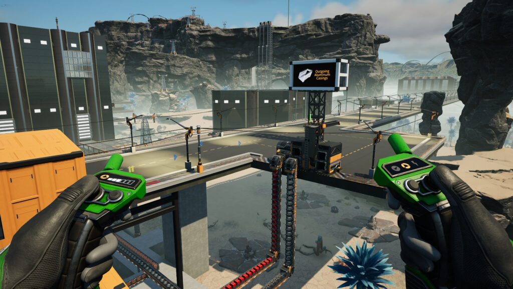 A screenshot of satisfactory showing Welsknight's fancy billboard with painted beams framing the image