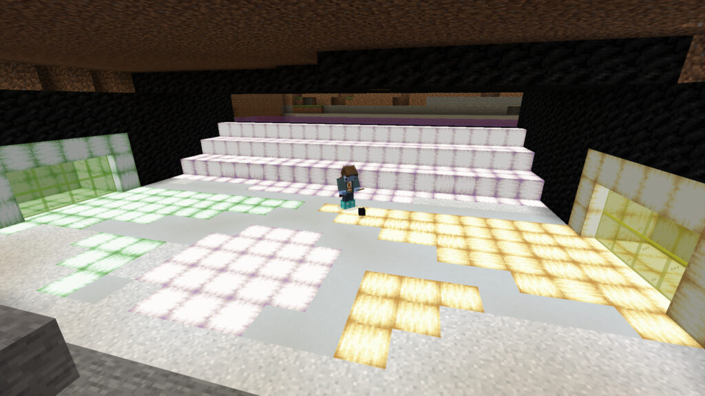 A screenshot of Minecraft showing a lobby with purple froglight stairs leading up to the observation deck. Green and yellow team entrances face each other on the sides of the lobby.