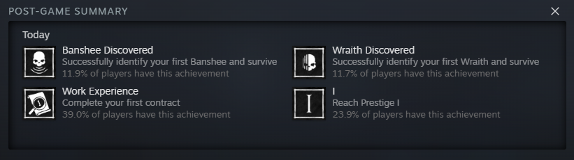 A screenshot of the Steam application showing the Post-Game Summary. Joe Earned four achievements: "Banshee Discovered," "Wraith Discovered," "Work Experience," and "I" (for reaching prestige level I.