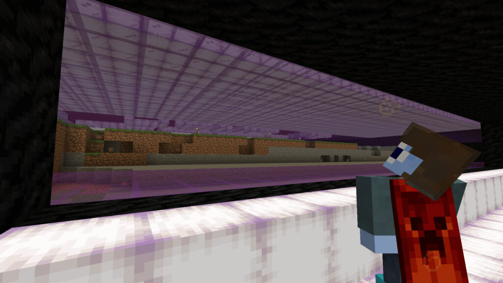 A screenshot of Minecraft showing a ceiling made of purple froglights with purple glass below it. 