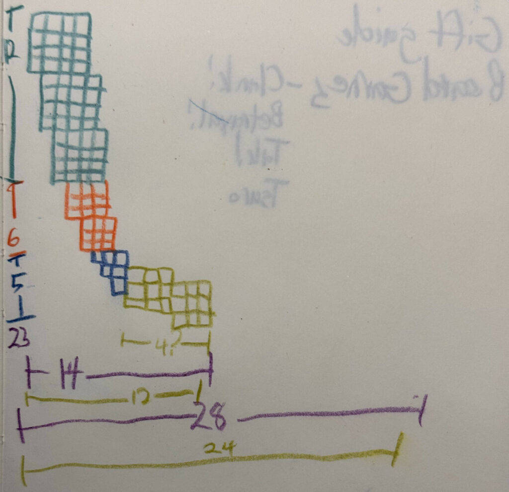 A photograph of Joe Hills' sketchbook showing that properly counted and spaced, the teeth would take up a twelve-block by twenty-four-block footprint at a proportionate scale of two to four blocks per tooth.