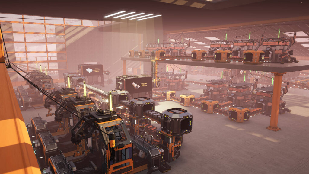 A screenshot of satisfactory showing wired running from outlets to machines neatly. The storage containers are now labelled with billboards displaying a picture and the name of the contents of each.