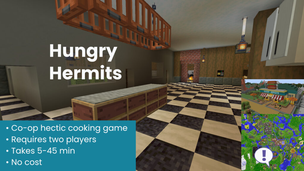 This page shows screenshots of the Hungry Hermits kitchen. An infobox includes the following information: "• Co-op hectic cooking game • Requires two players • Takes 5-45 min • No cost"