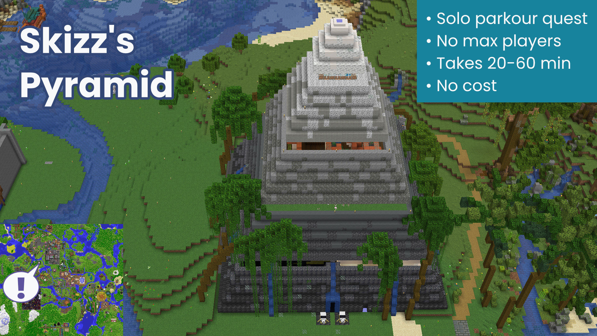 This page shows screenshots Skizz's pyramid. An infobox includes the following information: "• Solo parkour quest • No max players • Takes 20-60 min • No cost"